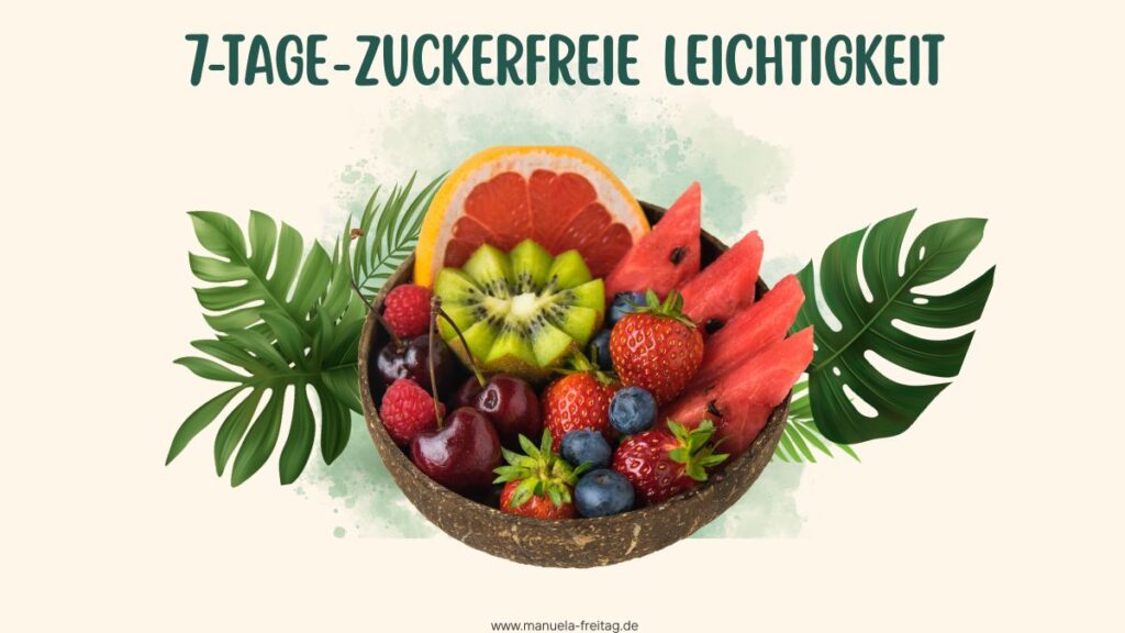 Schale mit frischen Früchten wie Kiwi, Melone und Erdbeeren für die 7-Tage-Zuckerfrei-Challenge von Manuela Freitag